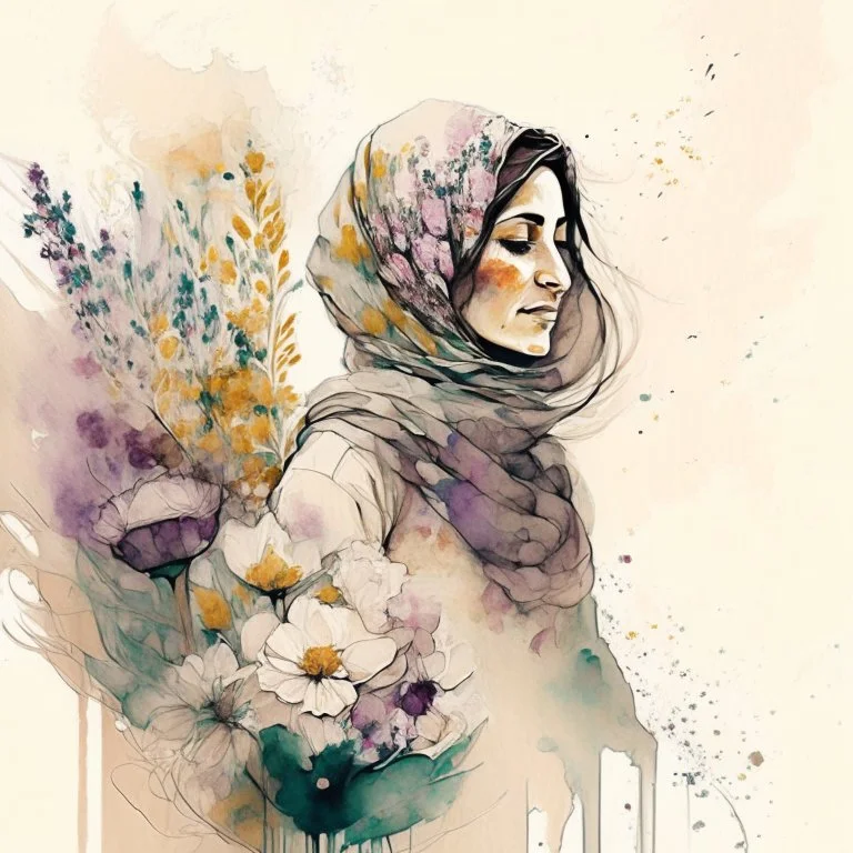 woman,life,freedom,iran hand-drawn watercolor, muted tones, flowers everywhere, REALISTIC