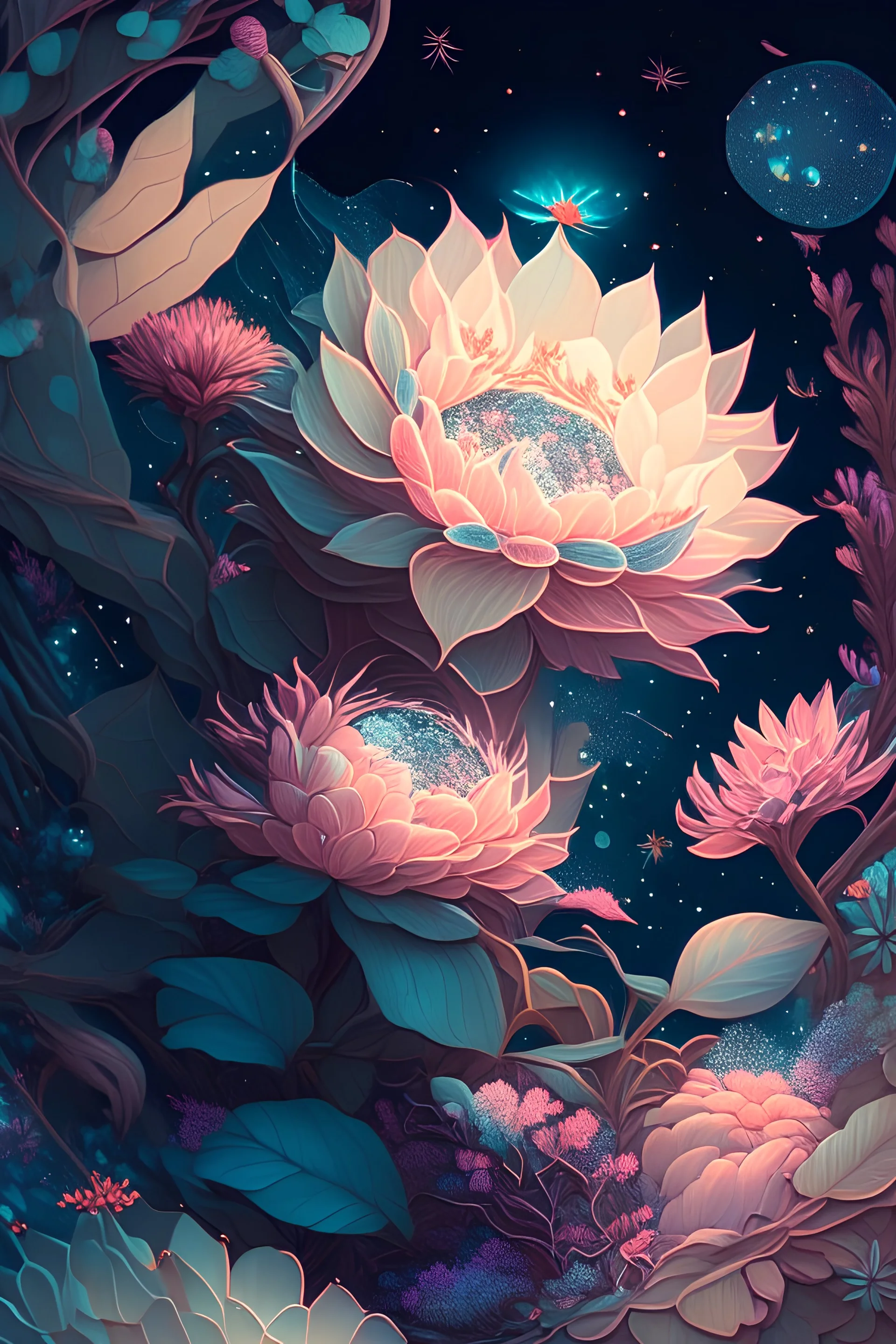 tiled, modern, botanical illustrations, epic, fantasy, stars, space, intricate, hyper detailed, artstation, concept art, cinematic, focus, vibrant, photorealistic, cinematic, pastel colors, flowers