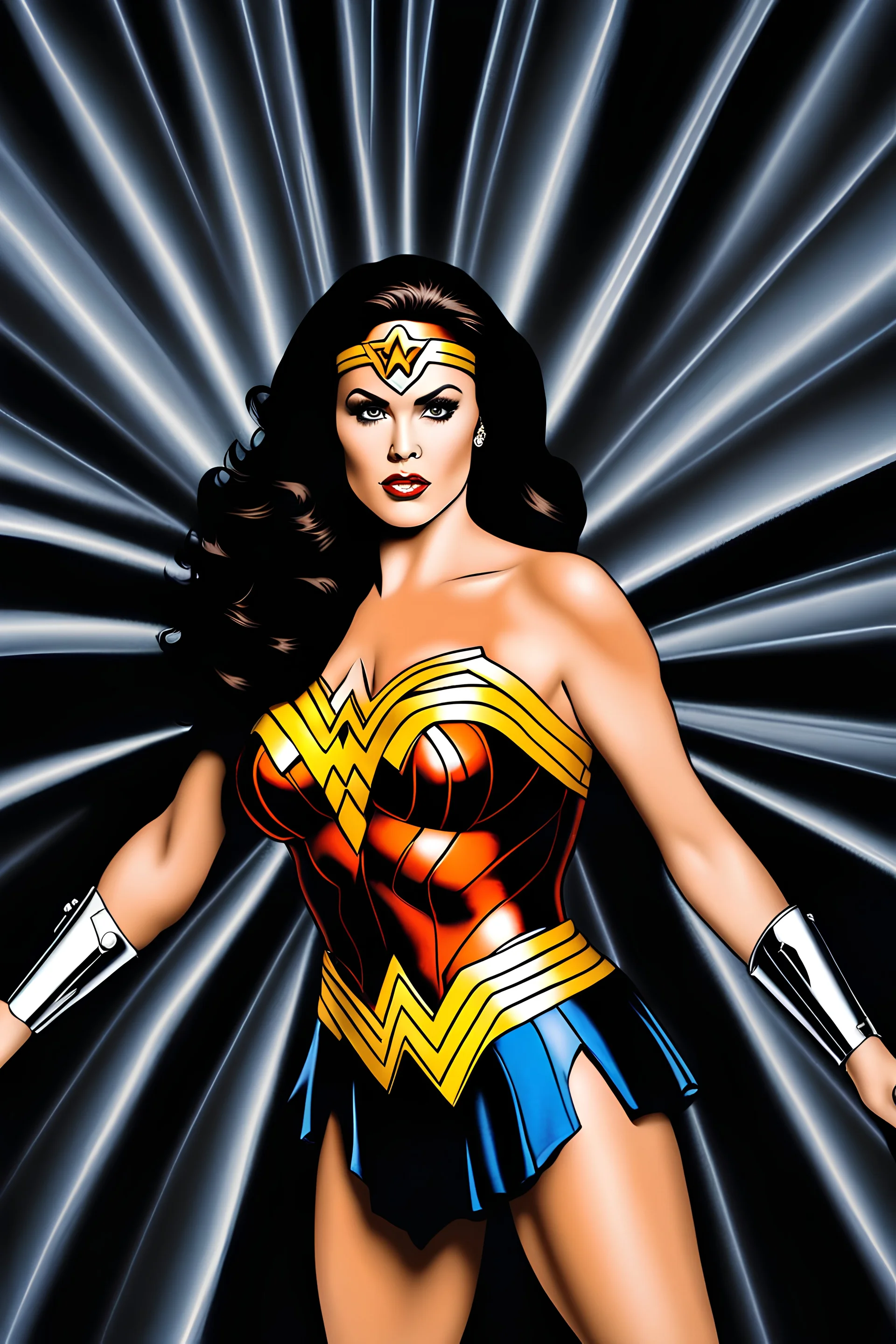 dark brown wood panel background with an overhead spotlight effect, Marie Osmond wearing a wonder woman costume, full color -- Absolute Reality v6, Absolute reality, Realism Engine XL - v1