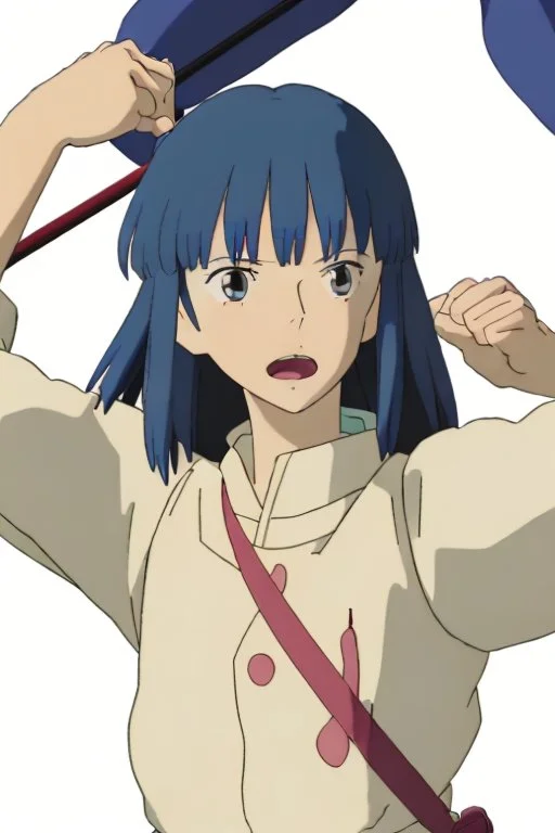 Yui: A full body image of Yui standing confidently in her rugged clothing, hands on her hips. Her athletic build, dark hair streaked with blue, and vibrant green eyes are clearly visible. Her look of determination reflects her adventurous spirit. A full-body depiction of Yui revealing her in sturdy work attire: a patched, sleeveless top with a utility belt, khaki cargo pants, worn boots. Her protective gloves and respirator mask hang at her side.