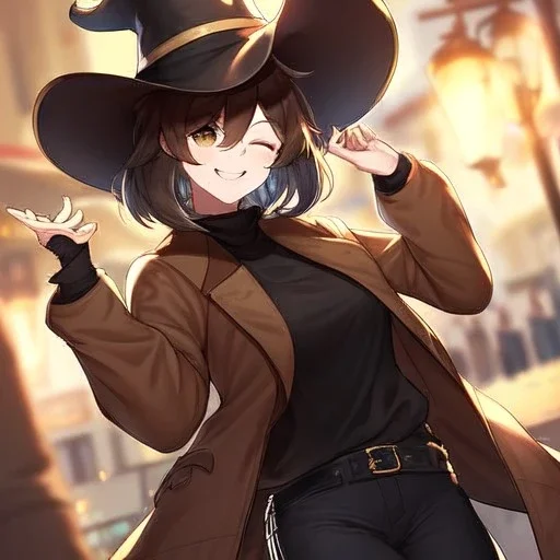 Clear focus, High resolution, short brown spiky hair, hair between eyes, eyes closed, wearing a brown detective hat, wearing a brown jacket and a black shirt, wearing black shorts, 1girl, pulling at down, smiling