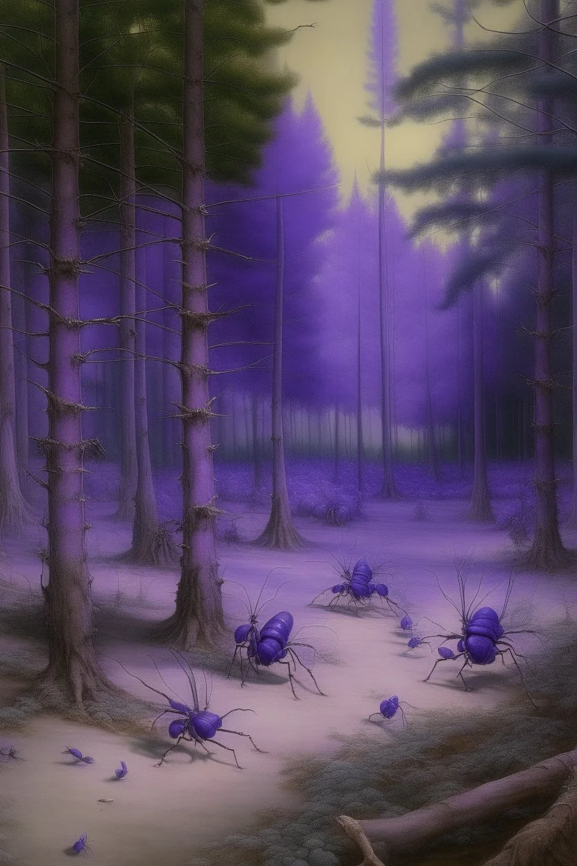 A purple forest with insects painted by Leonardo da Vinci