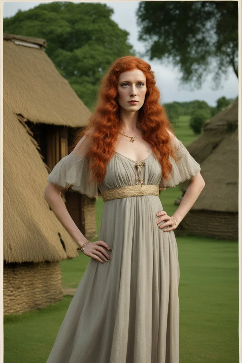 full body and headshot of a skinny Cleopatra, with long wavy red hair, in a floaty dress, standing on a village green, with thatched roof cottages behind