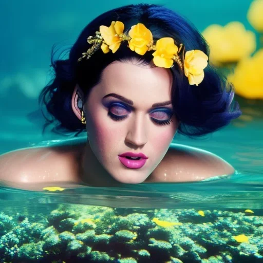 Katy Perry underwater with yellow flowers for hair, closed eyes, rtx, reflection, 8k, glow, winning photography, caustics