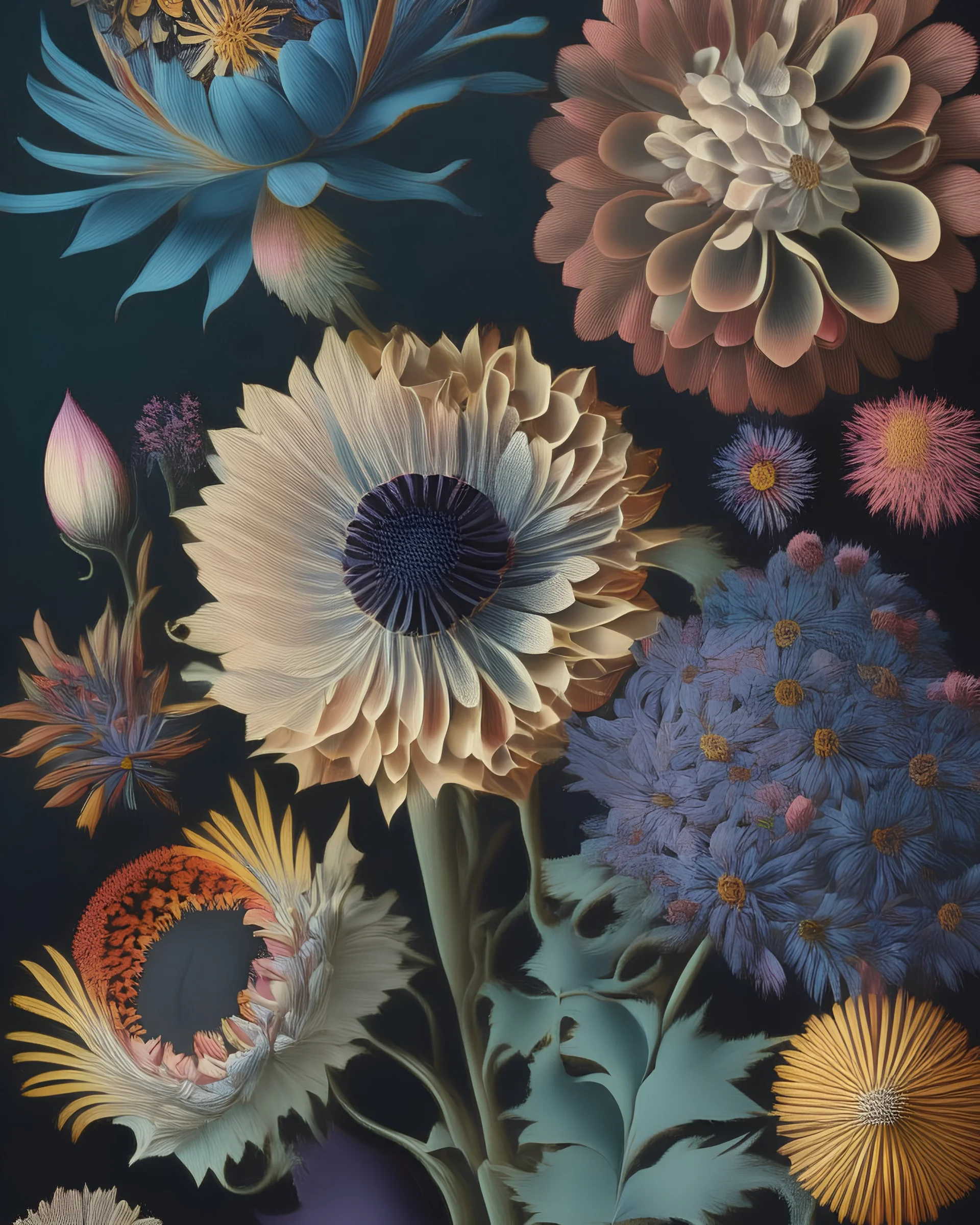 an ultra hd detailed painting of many different types of flowers by Cristoforo Munari, generative art, intricate patterns, colorful, photorealistic