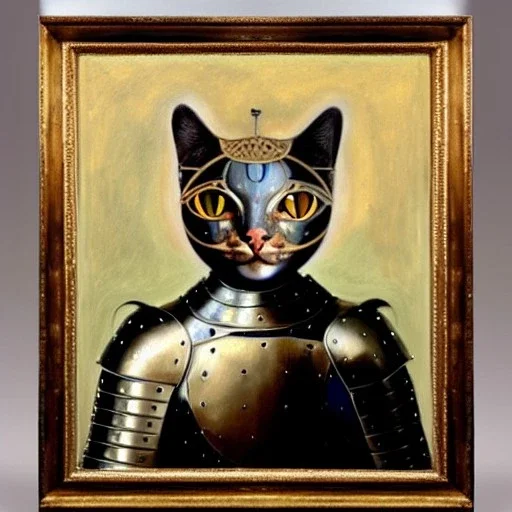 oil painting of a beautiful symmetrical cat with armor, XV century, by El Bosco, Leonardo da Vinci, Goya 8k