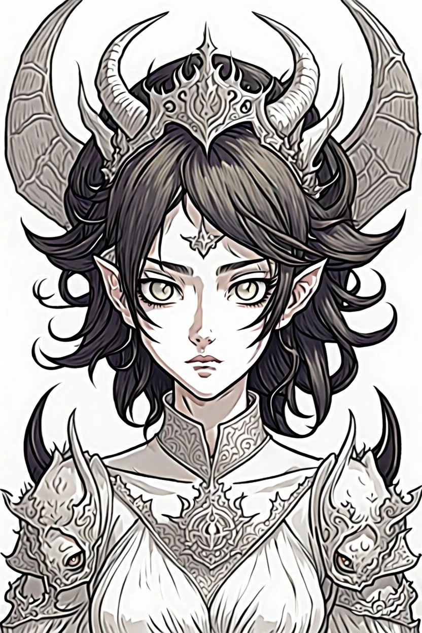 girl queen of demons, manga style, line arts illustration