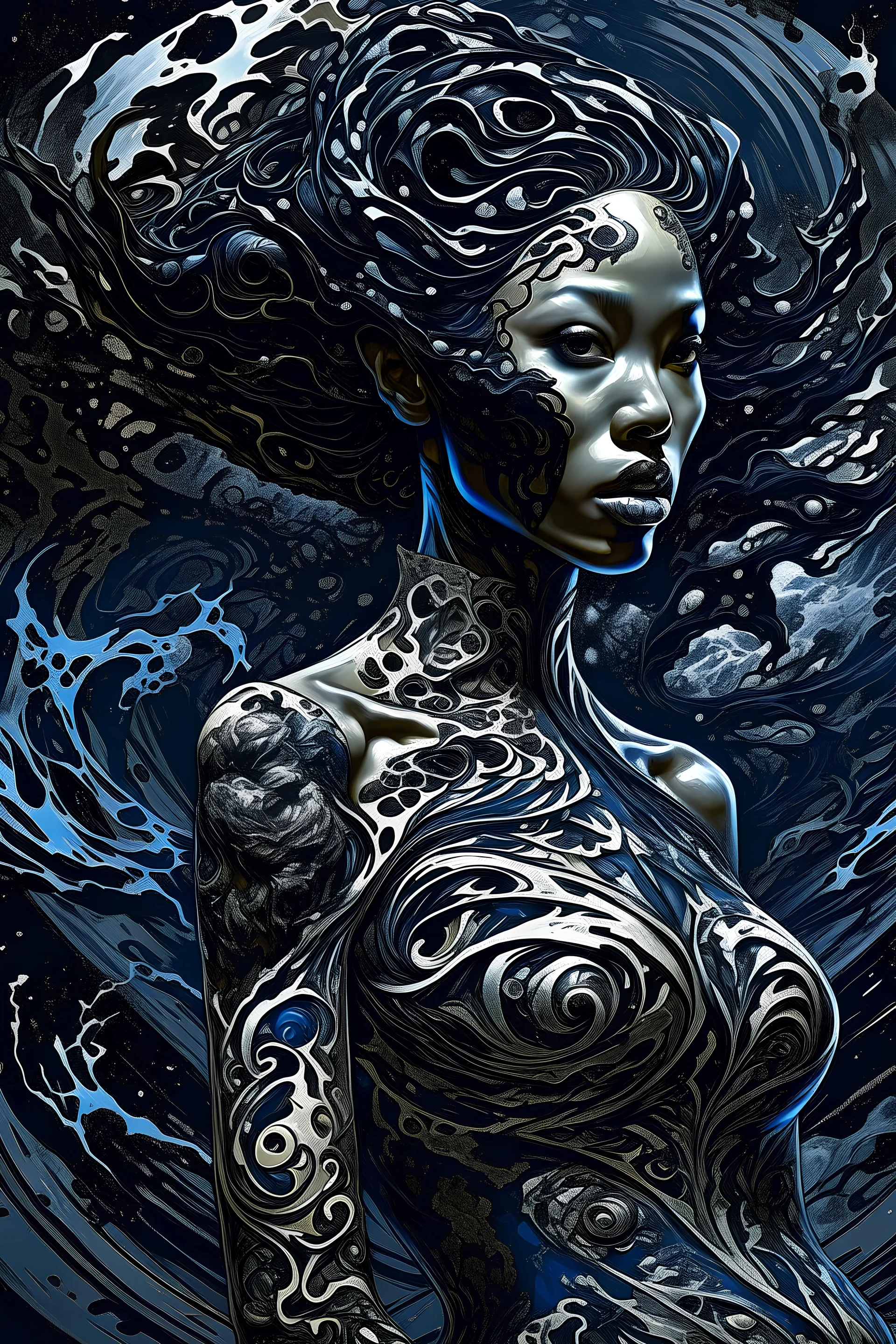 beautiful woman, Black ink flow, 8k resolution, photorealistic masterpiece by Aaron Horkey and Jeremy Mann, intricately detailed fluid gouache painting by Jean Baptiste, professional photography, natural lighting, volumetric lighting, maximalist, 8k resolution, concept art, intricately detailed, complex, elegant, expansive, fantastical, cover