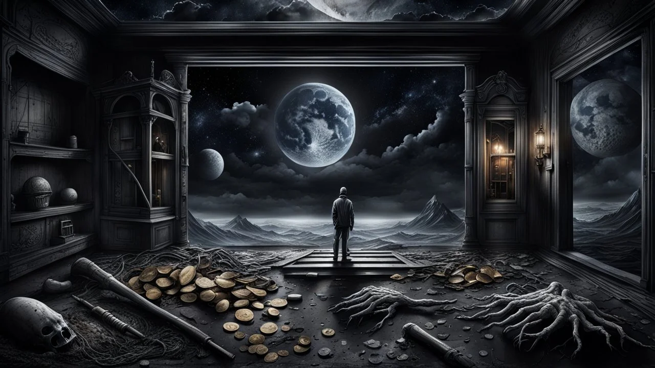 Melancholy theme picture. sometimes human stop at night and stares out into the cold space, and something hurts my heart, something big I miss. Because the treasure i longed for is not there, the treasure i lay in the dust for, and i am at home in this house, and i am at home in this skin. detailed, gloomy, and surreal vibe. dark colors, cinematic
