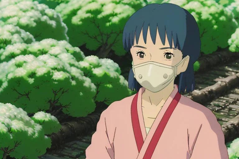 A young woman, Yui, is seen inside one of the biodomes tending to a variety of plant life. Her eyes reflect determination and spirit. She wears a respirator around her neck,