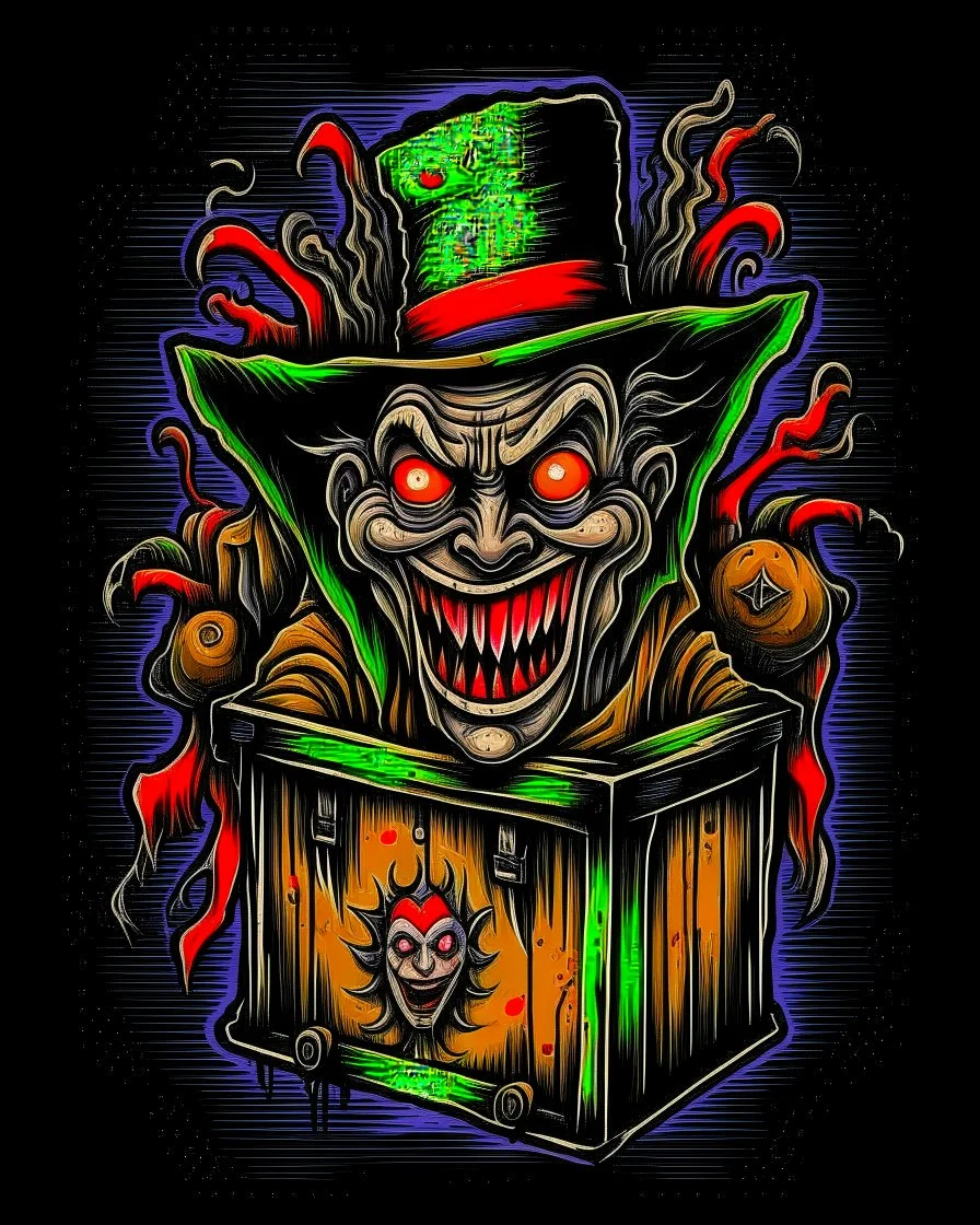 Scary Jack in the box tattoo design, traditional tattoo style, t-shirt design, fantasy art, digital painting, clean dark background, 8K