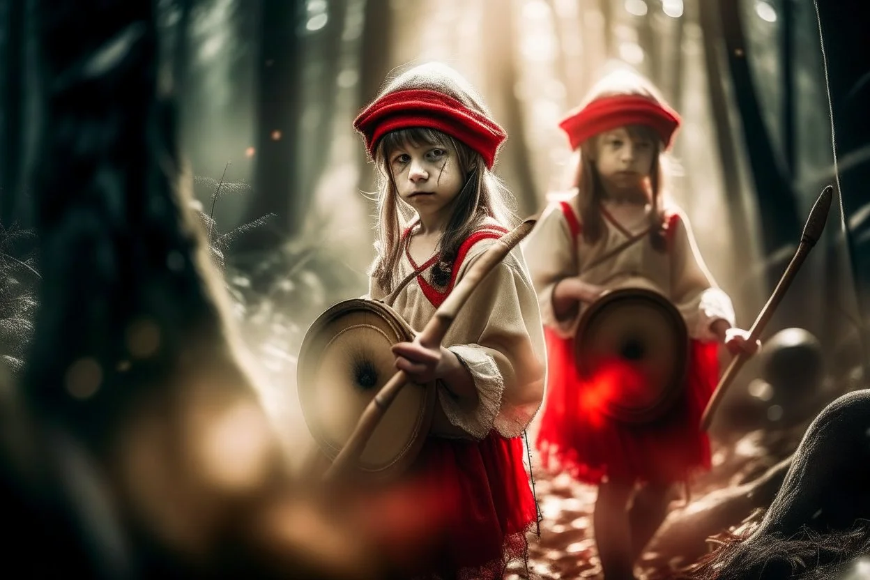 Double exposure, merged layers, Stage, stand-up microphone, drums, guitars, speakers, forest, Hansel and Gretel, Snow White walking with Robin Hood, midwife with an iron nose, Little Red Riding Hood with a basket on her arm, wolf horn on her head in sunshine, ethereal, cinematic postprocessing, bokeh, dof