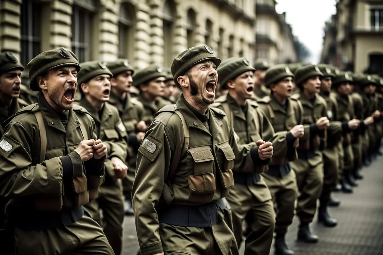 Soldiers marching in formation; military parade; passionately shouting;