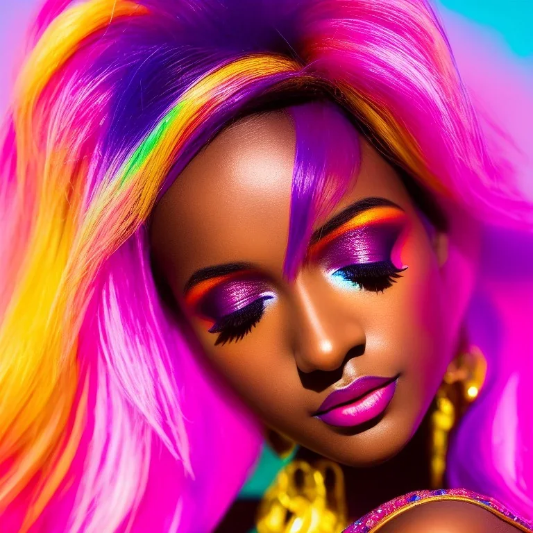 masterpiece, best quality, woman, dark skinned, sparkling eyes, fluorescent skin, colorful makeup, blond flutter hair, highly detailed body, sun light, 4K, RAW, depth of field, high contrast, realistic details, 24mm