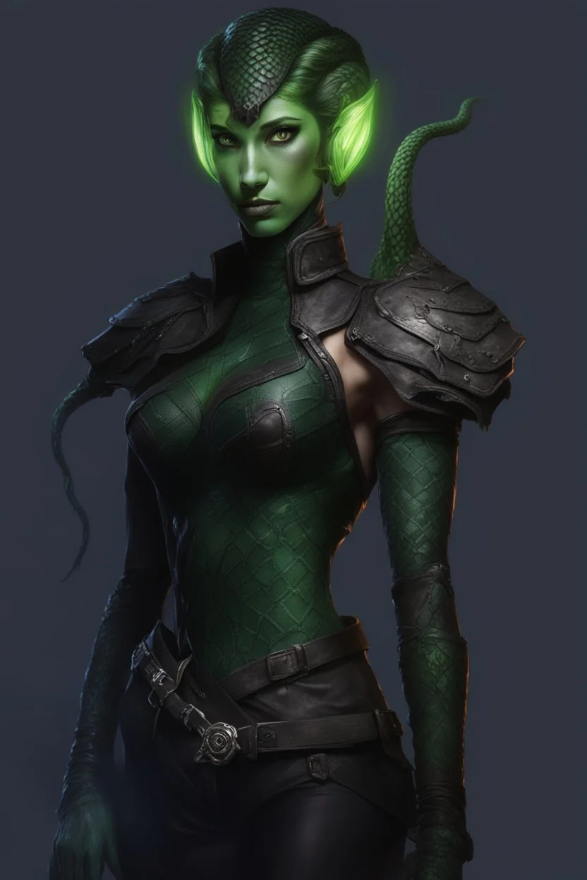 female snake humanoid, green scales, wearing a black leather armor, dungeons and dragons