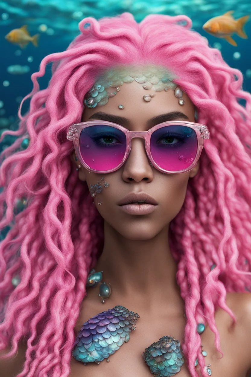 tecno mermaid some fish scales on face pink hair dreadlock sunglasses gem in front