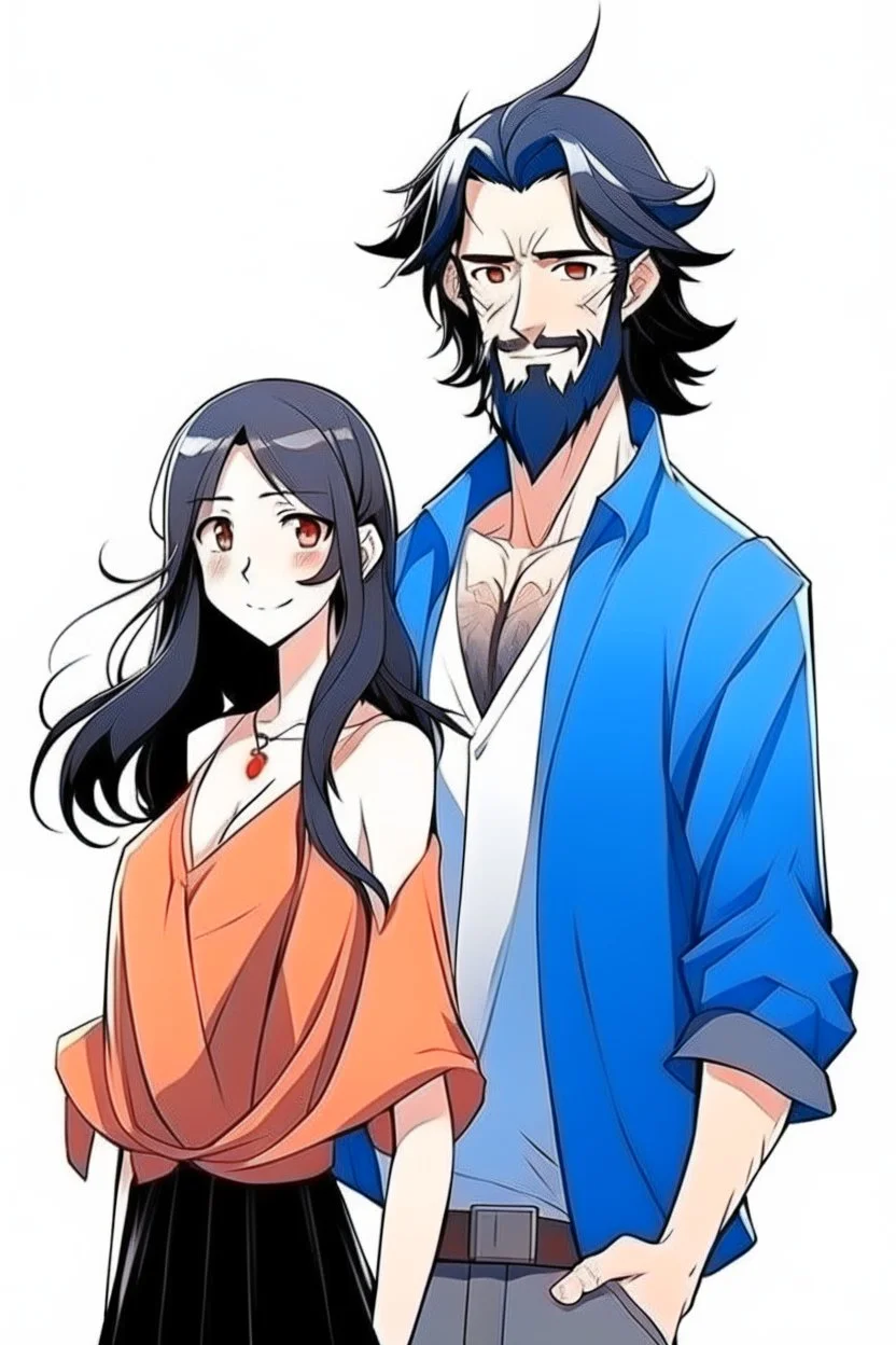 Anime man with beard, handsome and happy. Standing with Beautiful anime woman with black hair. Utopian universe