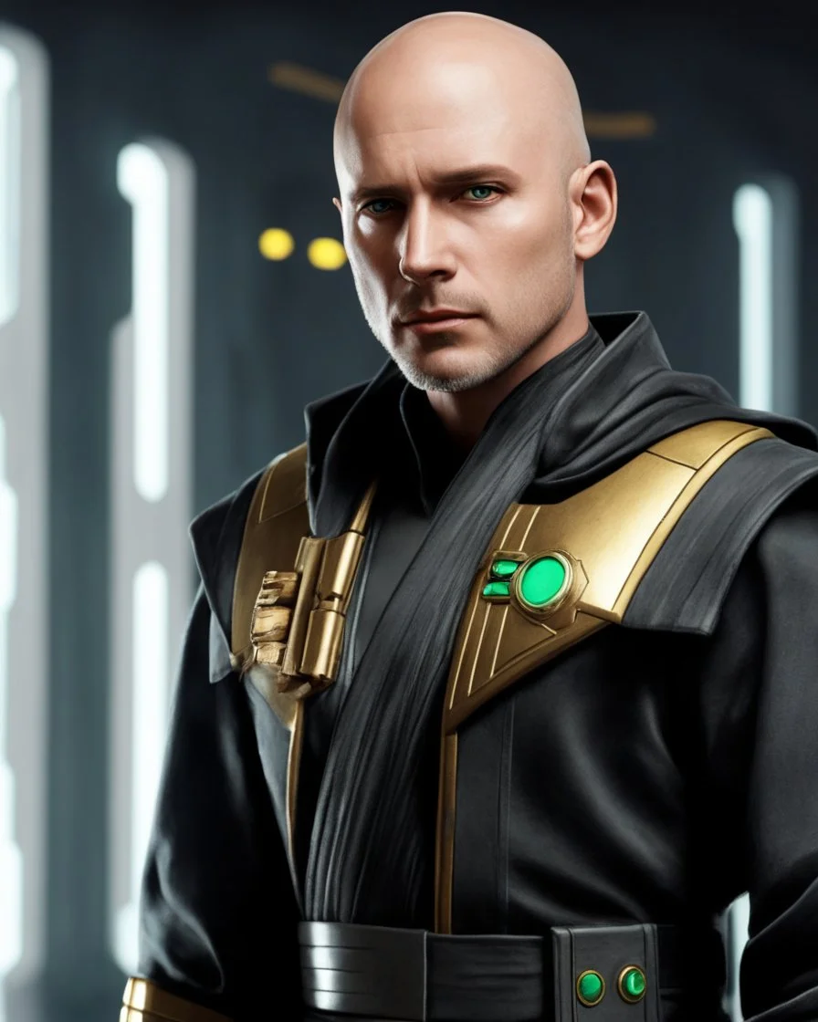 star wars bald male corellian jedi pilot wearing black and gunmetal grey old republic armored robes with gold trim inside the jedi temple holding a lightsaber with viridian green blade in left hand, centered head and shoulders portrait, hyperdetailed, dynamic lighting, hyperdetailed background, 8k resolution, volumetric lighting, light skin, fully symmetric details