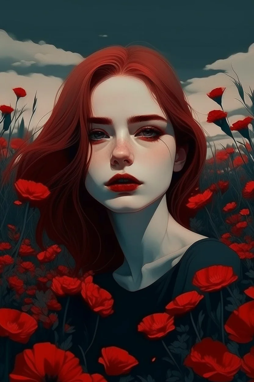 an illustration of a beautiful girl face with a field with red flowers cloudy in dark aesthetic