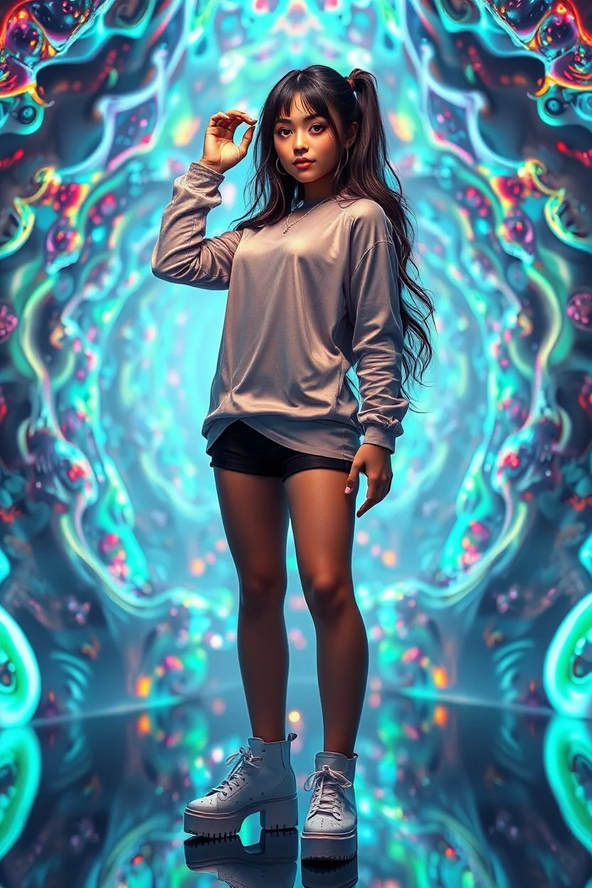 si fi a 3d recursive mandlebore fractal environment color and light an extra beautiful supper modern girl wearing modern clothing gracefully posing full body shot