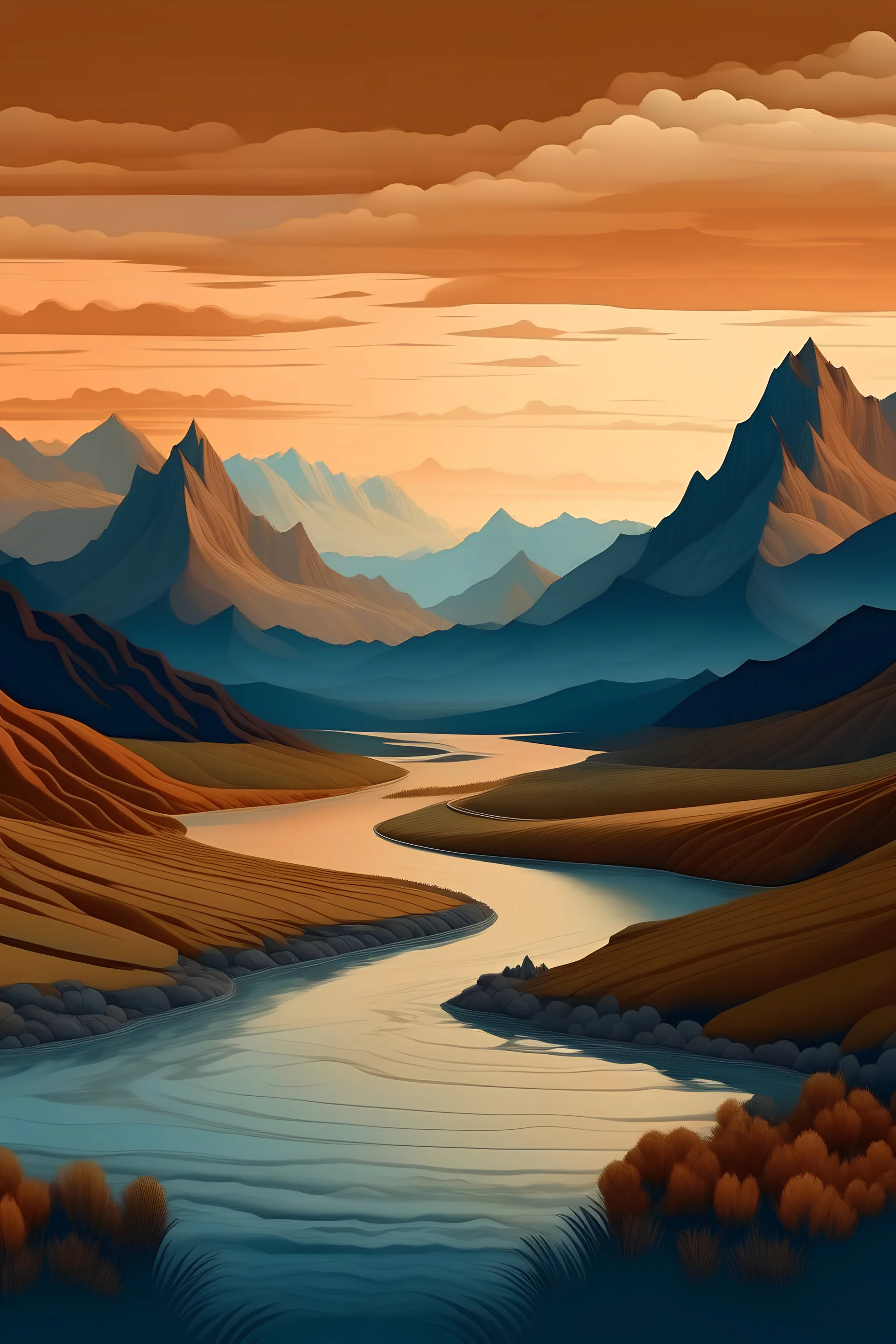 imagen de paisaje de cordillera montañosa,con ríos en un amanecer al estilo de Frida Kalo