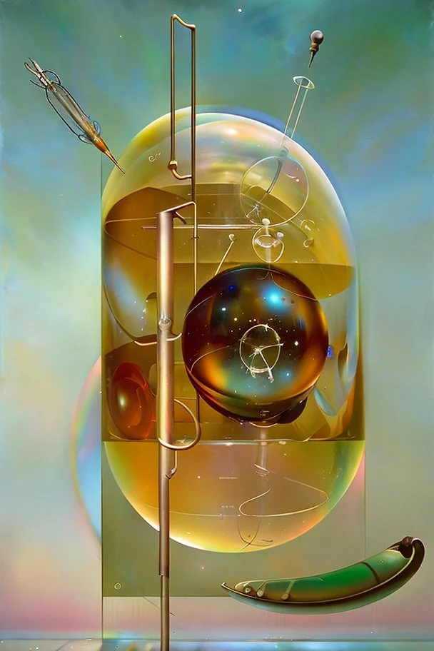 a Soap Bubble formed by multiverse-like complex surgical instruments mixed with galaxy-like musical instruments,Painting By Adrian Ghenie, Rene Magritte, Salvador Dali, Lucian Freud