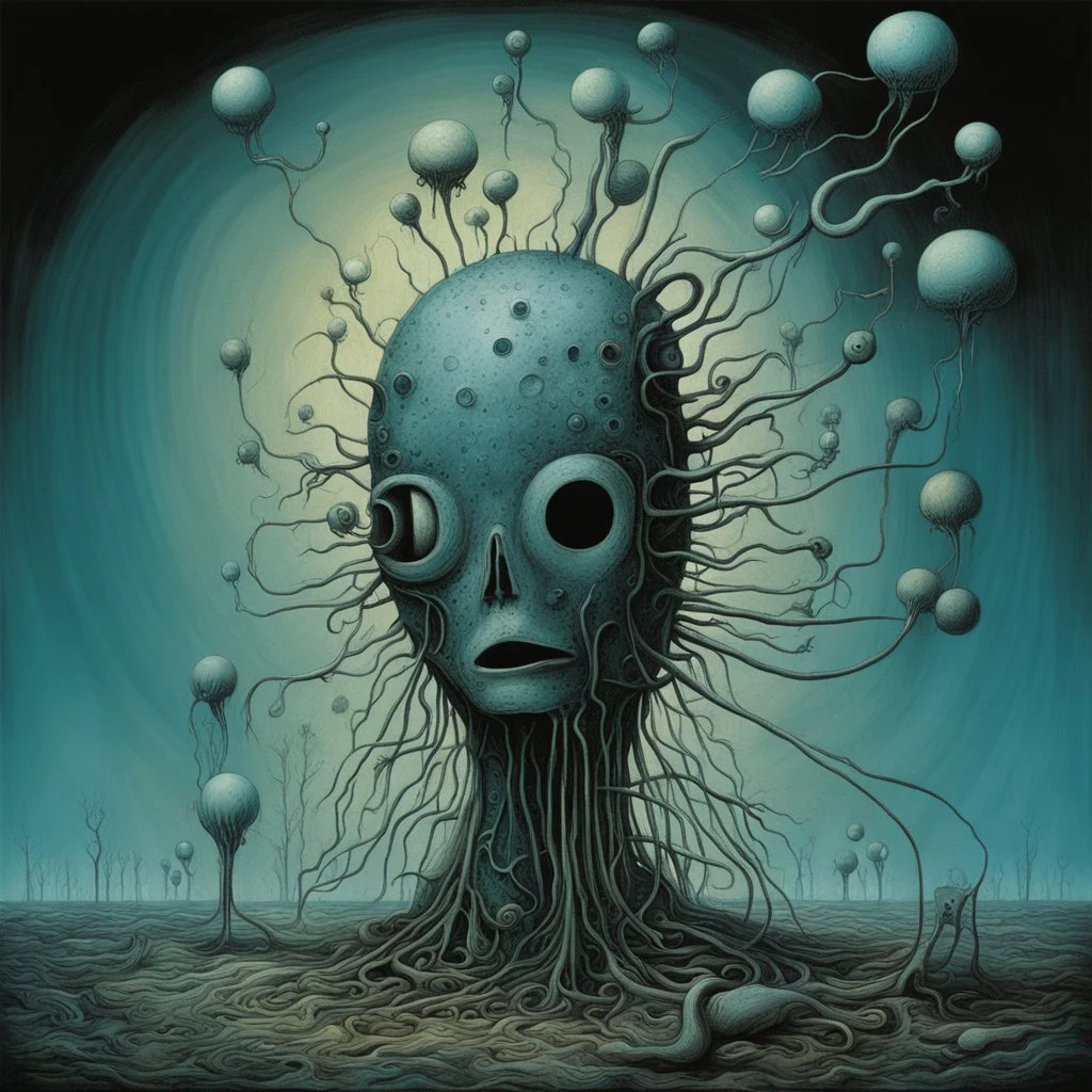 Strychnine biomorphic neural network, glowing bioluminescent nodes, abstract surrealism, by Phlegm and Dave McKean and Yves Tanguy, mind-bending illustration; cool colors, off-centered fragmented composition, multiple stages of grief