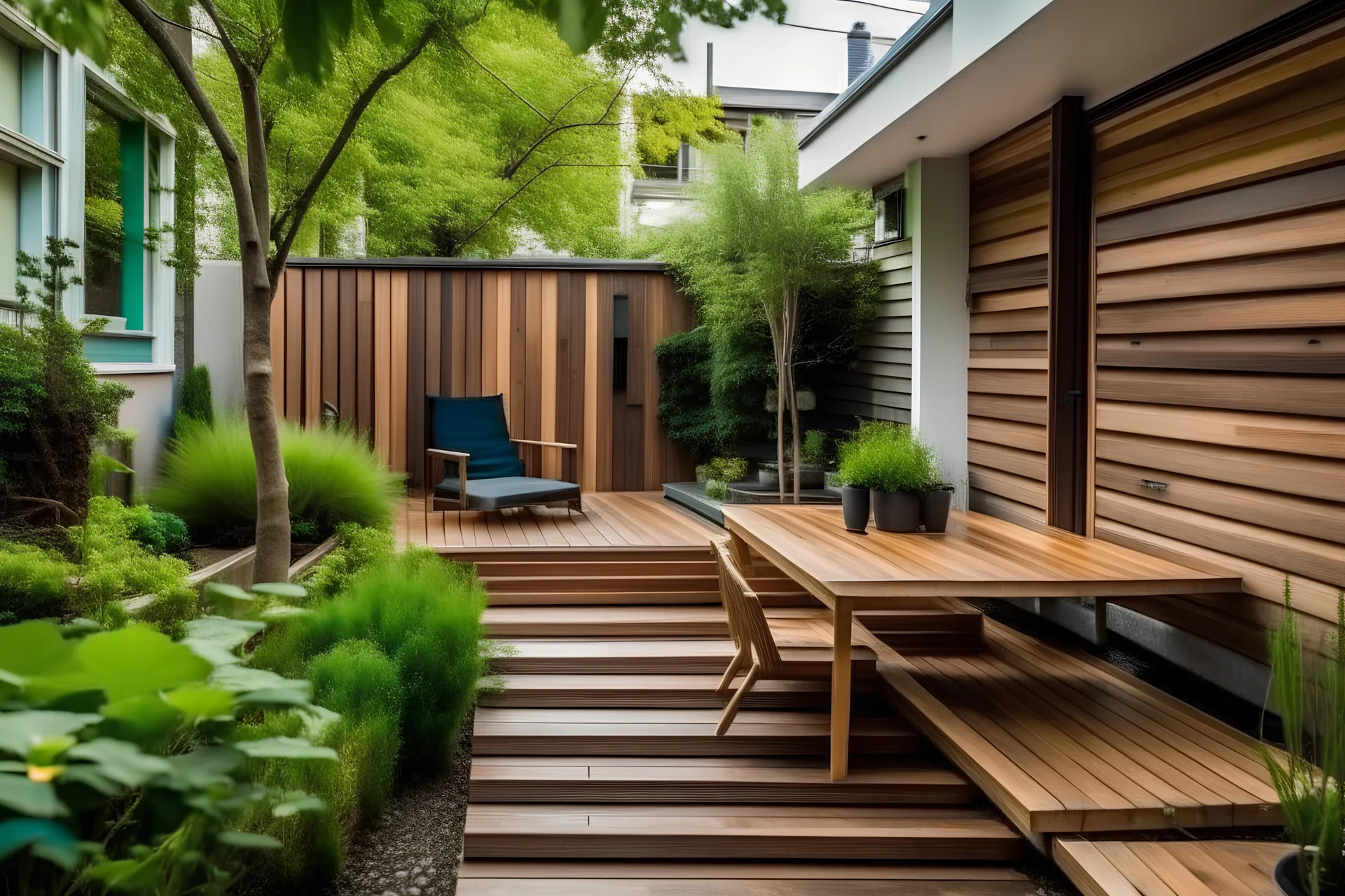 townhouse cozy wooden terrace in the green backyard