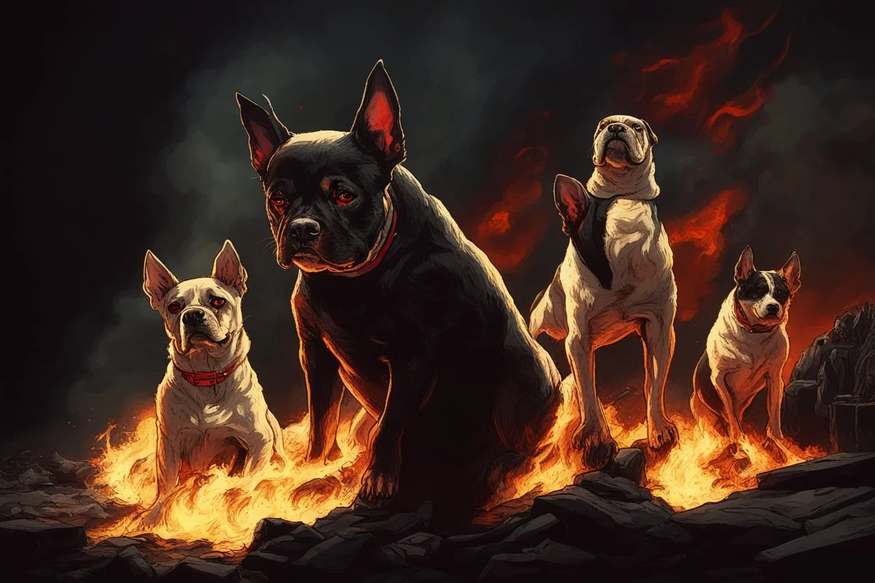 dogs from hell is relaxing, satan is standing behind the dogs in background with heavy fire around him