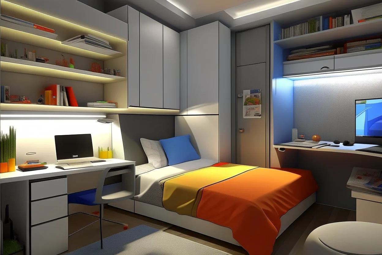 A youthful room with a PC and a bed 190 cm, 90 cm wide, and RGP side lighting.