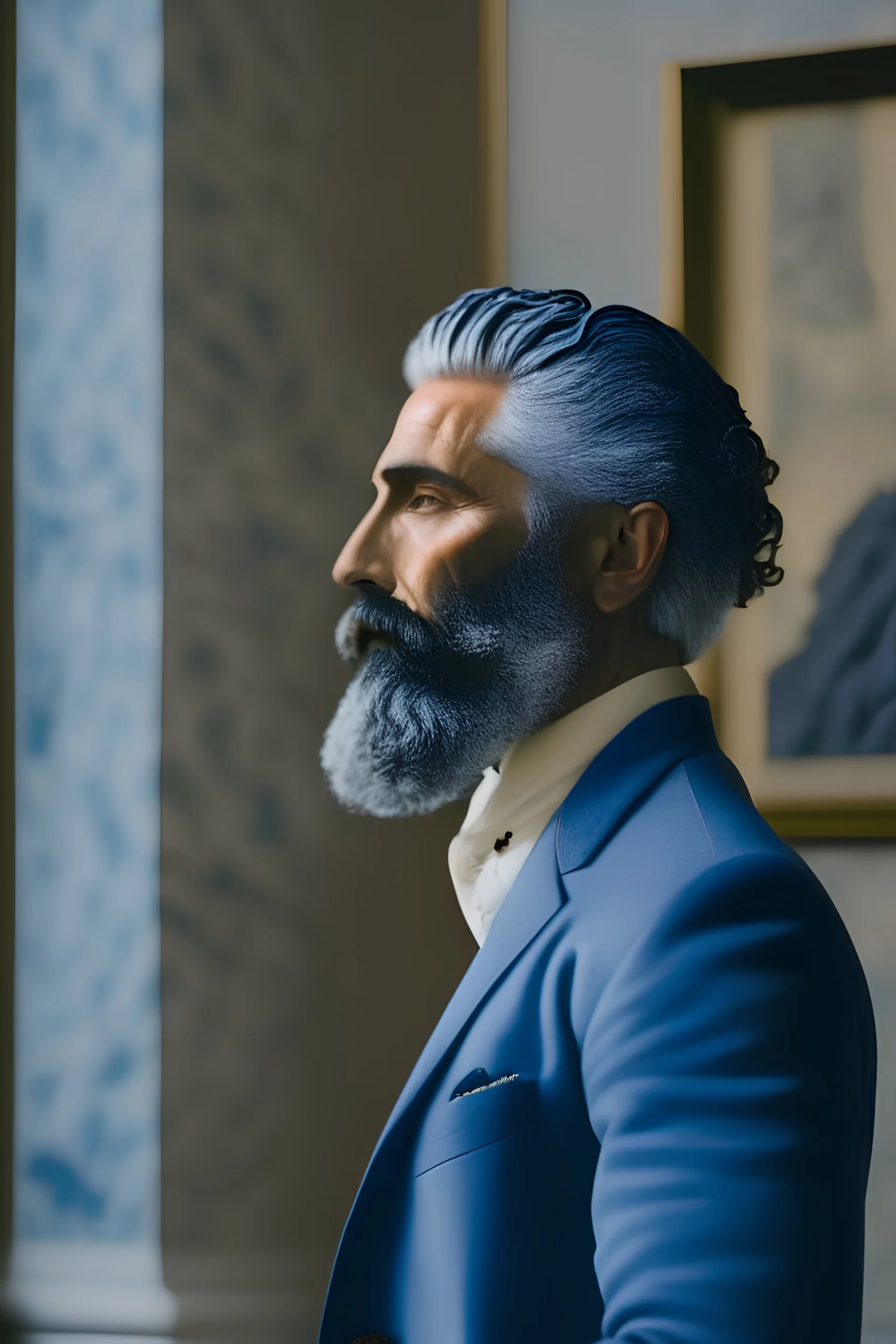 Editorial style side-view medium-full photo shot on Fujifilm Pro 400H of a 40-year-old greek man with short gray hair & full beard pondering a masterpiece in a Musée d'Orsay Gallery. He's wearing a blue jacquard blazer by Ferragamo with a white button-up. The soft gallery lighting and careful composition evoke a sense of refined luxury and creative curiosity as he gazes fixedly at the magnificent painting in front of him