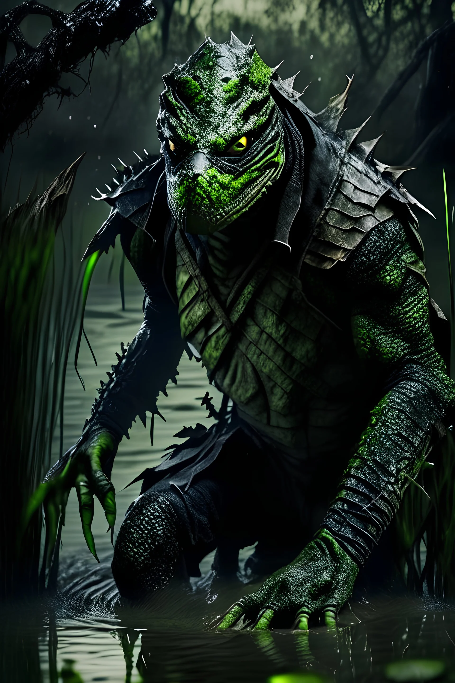 10k hyper realistic detailed Reptile the masked green reptilian ninja assassin using his poisonous claws and camouflage to hunt (mortal Kombat) in a dark swamp emerging from muddy swampwater