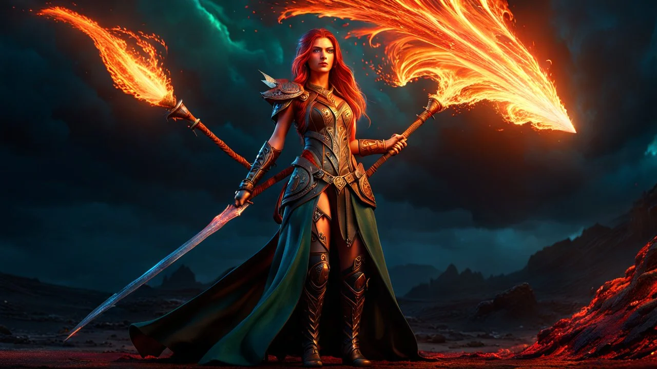 Armageddon. ragnarok. molten lava. 18 year old female sorcerer. fantastic beautiful magical green eyes. blue and orange fire. red sparks. exquisite realism, a masterpiece, fantasy concept art, dynamic lighting, hyperdetailed, intricately detailed, deep color, Unreal Engine, volumetric lighting , Epic cinematic brilliant stunning intricate meticulously detailed dramatic atmospheric maximal,