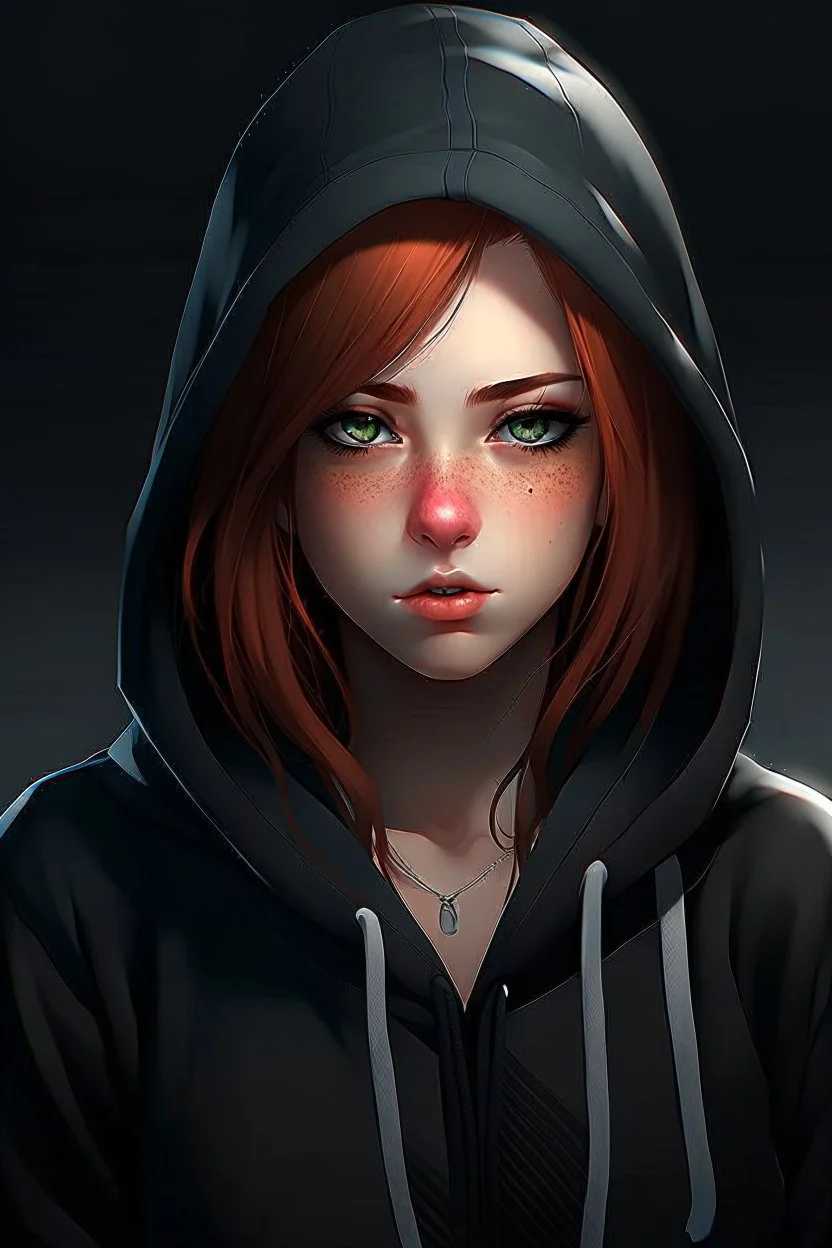 An anime woman with dark brown eyes and shoulder length red hair wearing a black hoodie. Realistic.