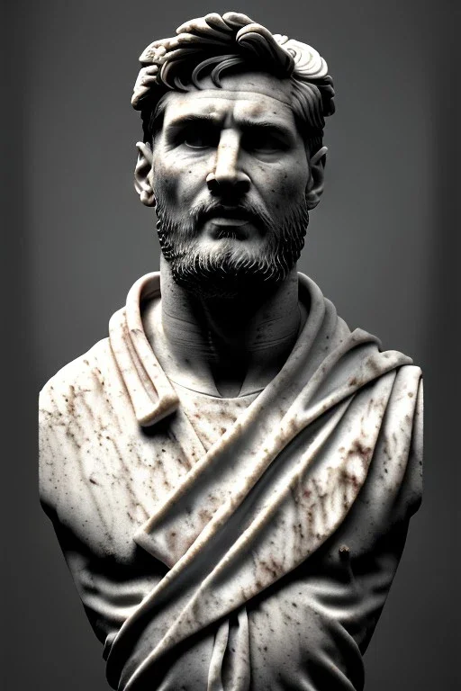 Ultra Realistic image, roman sculpture, white marble material, Lionel Messi, Laurel leaves wreath, miguel angel style, chisel style, emperador, waist up portrait, ultra hd, perfect texture, epic, celestial, cinematic lighting, God light, god rays, 4k resolution, smooth details, ornate details, soft lighting, unreal engine 5, low relief, marble background.