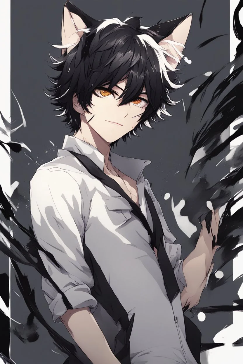 A male anime man with messy black hair, black cat ears.