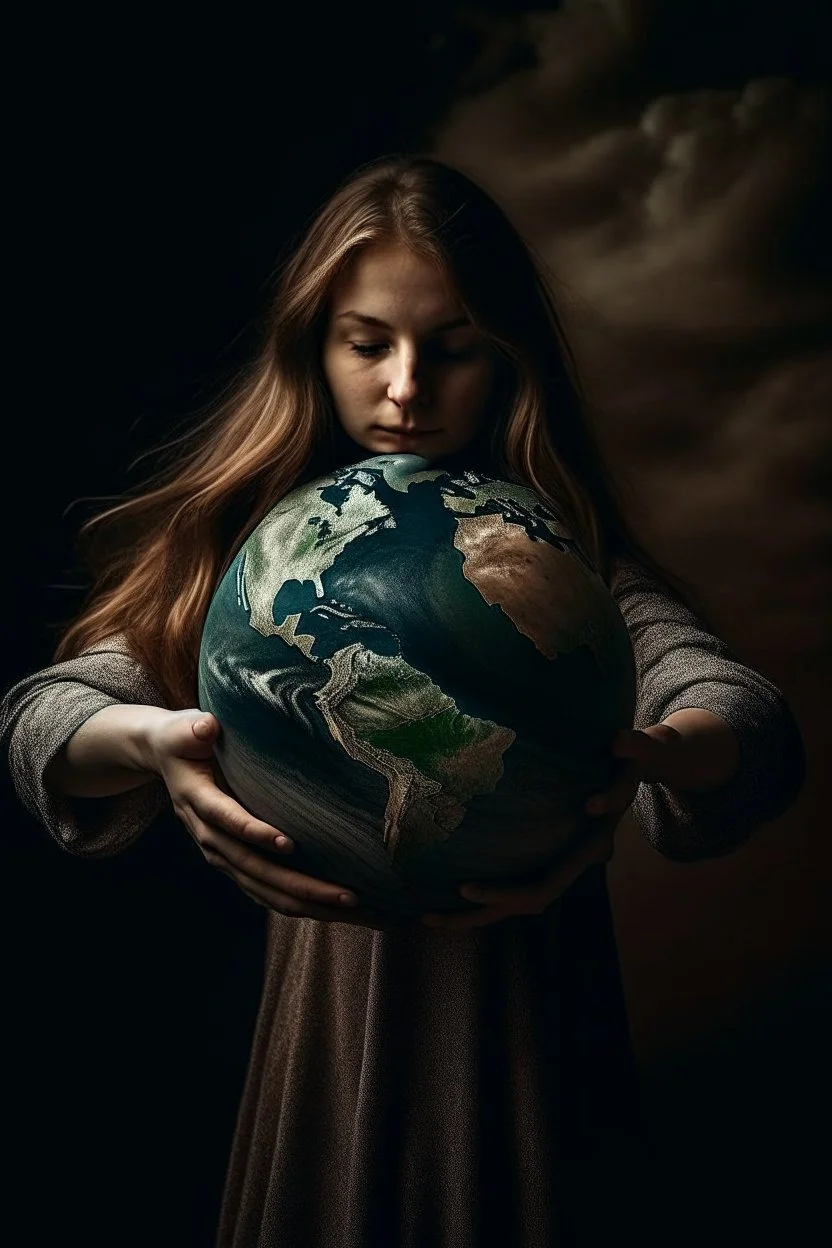 a woman holding up the earth like Atlas