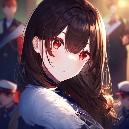 Clear Focus, High resolution, glowing red eyes, wearing a train conductor uniform, long dark brown hair, front hair is straight but the rest is fluffy