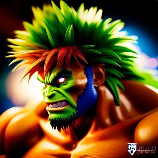 Ultra detailed fullbody Portrait in oil on canvas of Street Fighter- Blanka,extremely detailed digital painting,ultrarealistic skin,intense stare, extremely detailed face, crystal clear eyes, mystical colors ,perfectly centered image, perfect composition, rim light, beautiful lighting,masterpiece ,8k, stunning scene, raytracing, anatomically correct, in the style of Simon Bisley and Ohrai Noriyoshi and robert e howard and Steve Jung and frank frazetta.