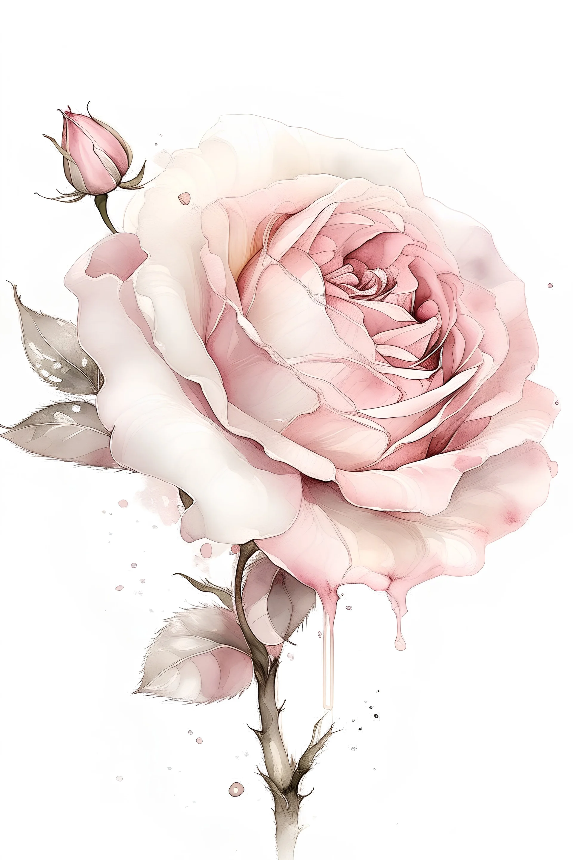 clipart , rose, white background, watercolor, side view, drawing , realism, beautiful, delicate shades, beige, powdery, pink, pale pink, sequins, shimmer, 3d effect, careful drawing of details, volumetric watercolor, aesthetically pleasing, professional photo, realistic photo, hyperdetalization