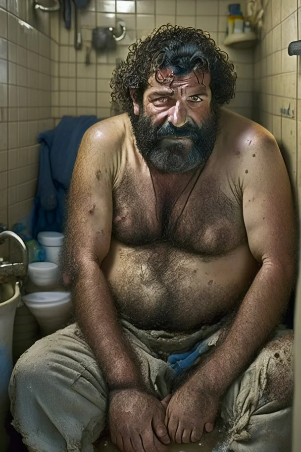 full figure shot frontal view photography of a wet dirty smiling arab stocky man 50 years old strong cute plumber sitting in a dirty old bathroom, in dirty underwear,, crossing arms, manly chest, beard, hairy arms, open legs, curly black hair, angry eyes, misery and poverty, emotive eyes, photorealistic, 35mm lens, f/1.4, hyper-realistic, very detailed, natural colours, dim lights, ambient occlusion, view angle from the floor