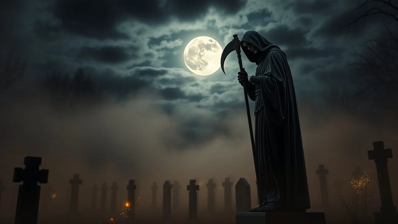 Hyper Realistic Statue Of The Iconic Grim Reaper Wearing A Black Cloak Standing Dramatically In A Gothic Cemetery With Thick Heavy Fog And Fireflies At Dark Cloudy Full Moon Night Showing Dramatic And Cinematic Ambiance.