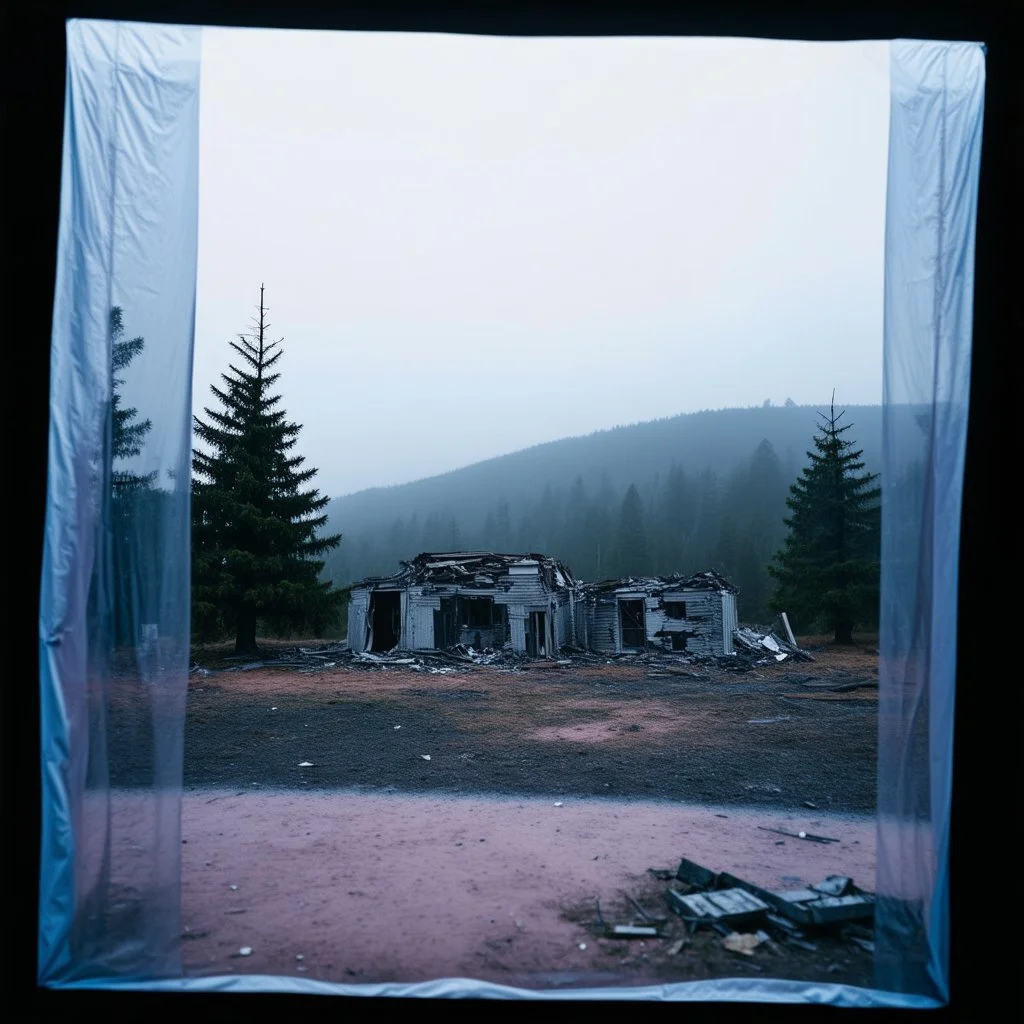 A polaroid photo of an odd room with structures. A transparent tarpaulin covers an image resembling a ruined building. There is a group of fir trees in the background and a high hill in the distance. The surface below is in a pastel color. Fog is present.