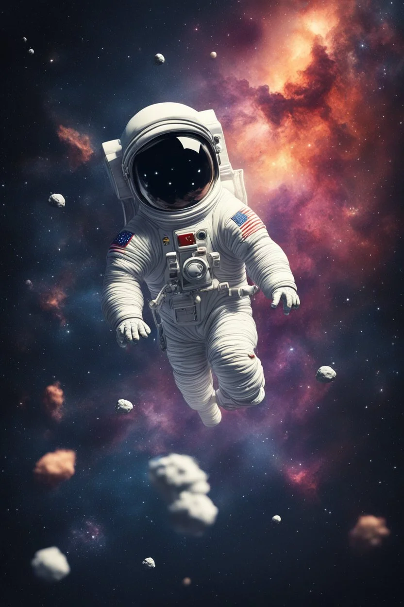 A small falling cartoon astronaut floating in space over a dim background with lots of distant stars and galaxies and quasars and nebulas. Realistic textures and grains. Render in HD 8K quality. High quality textures and details.