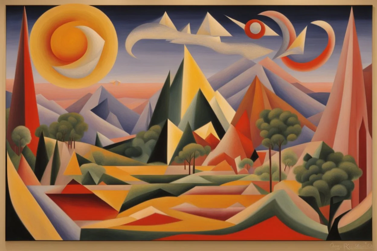 a landscape in futurism stye by artist "Gino Severini",by artist "Leonora Carrington",by artist "Mark Rothko"