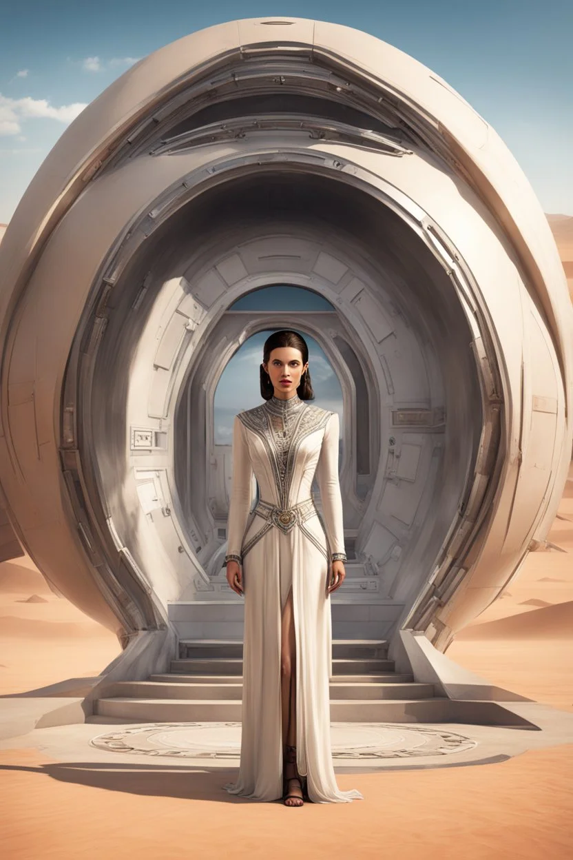 photorealistic slim woman looking and dressing like Drusilla standing at the entrance to a spaceship in a desert