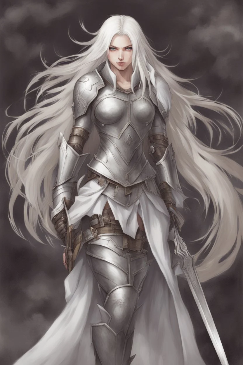 female with long white hair, wearing metal small armor, whole body