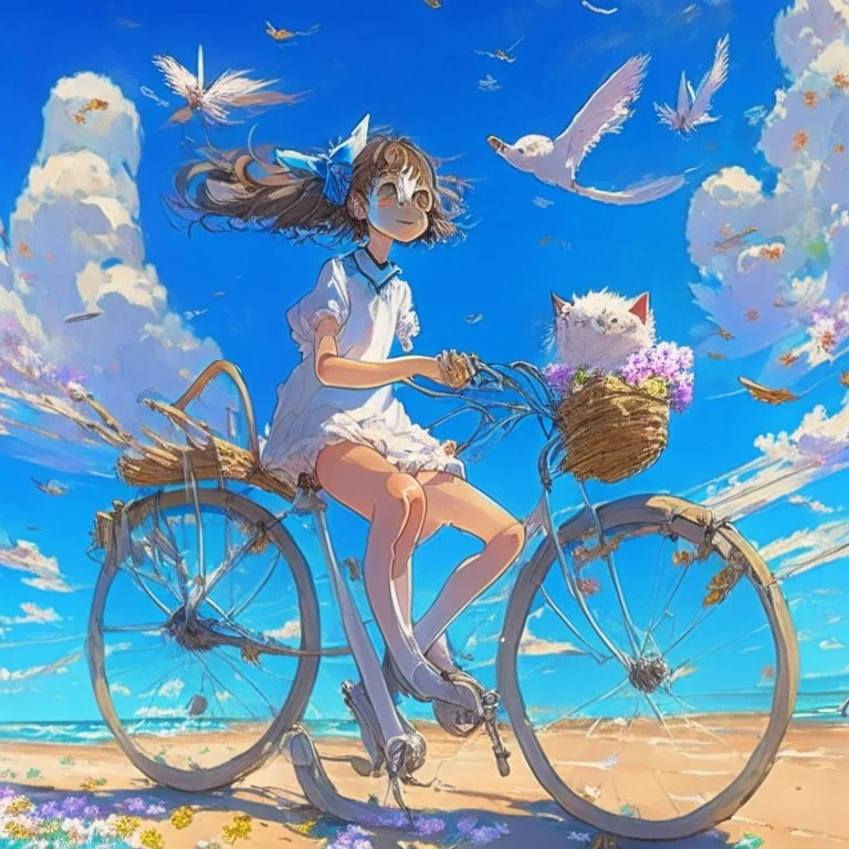 A girl is riding a bicycle on the beach. His cat is sitting in the front basket of the bicycle. Spring flowers can be seen everywhere. Beautiful blue sky with white clouds - kites in the sky. sense of peace. digital art, anime, 8k, full details