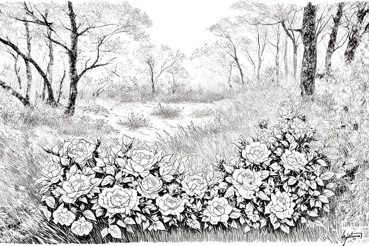 black and white line sketch of wild roses in the woods