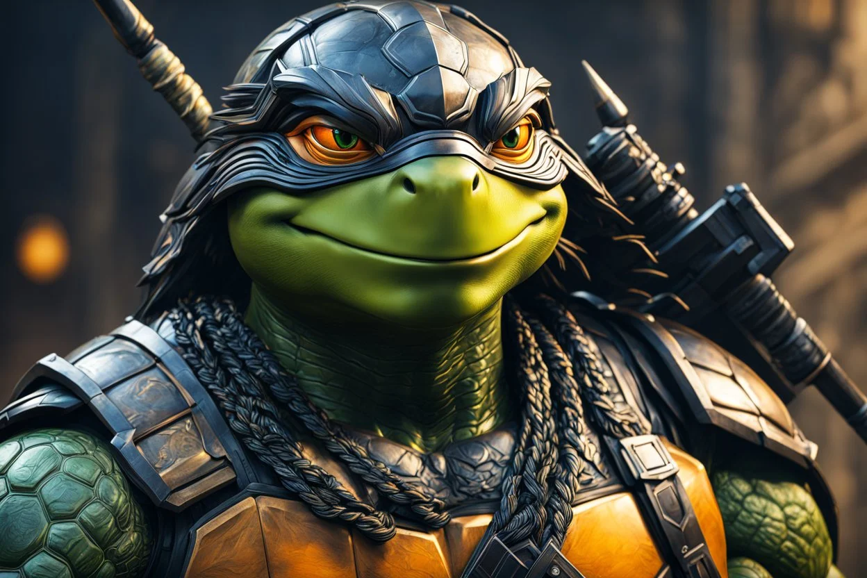 Michelangelo in 8k live anime artstyle, Turtles, black ronin custom, TMNT them , dynamic pose, intricate details, highly detailed, high details, detailed portrait, masterpiece,ultra detailed, ultra quality